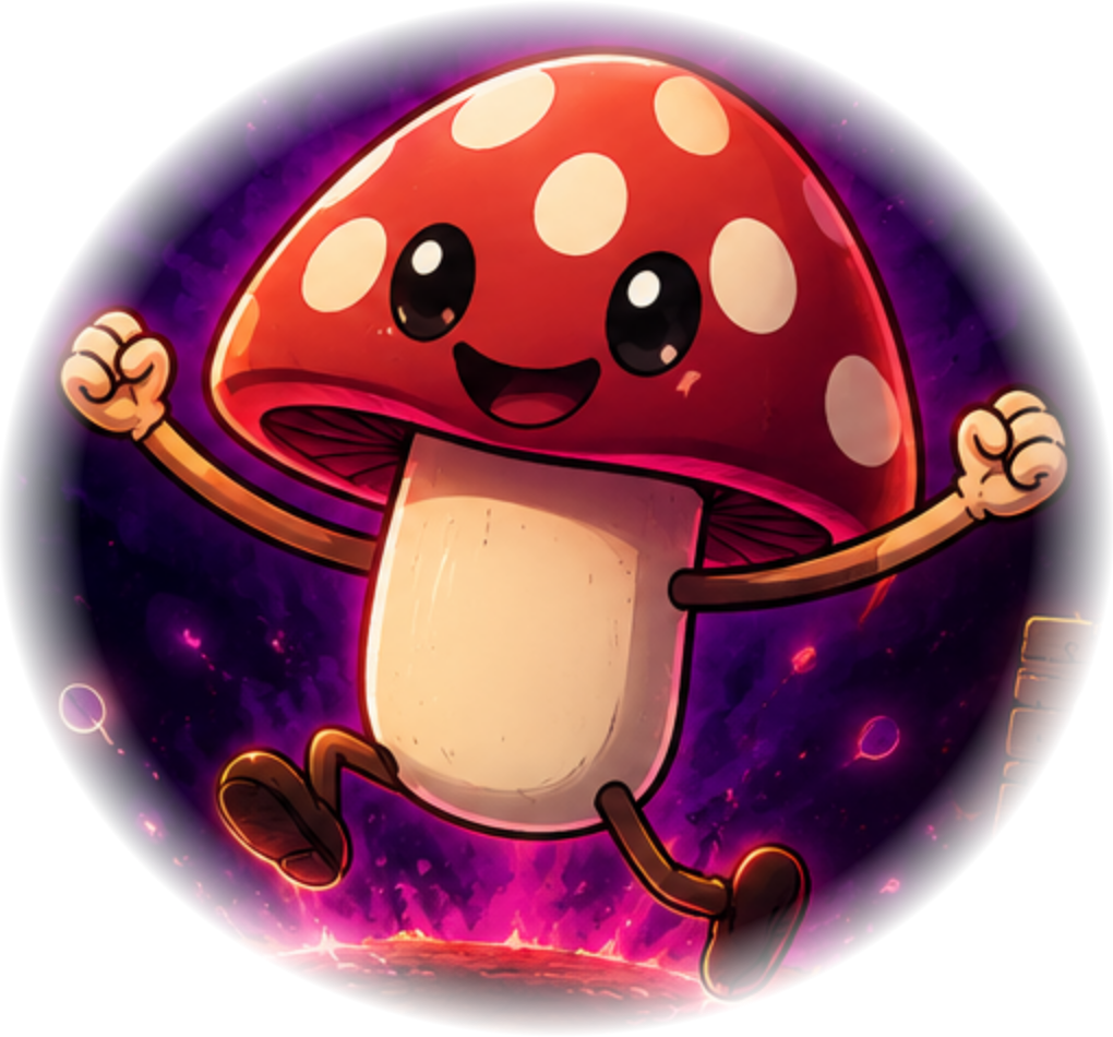 FUNGY, a happy red mushroom with cream spots, raised arms and dancing legs